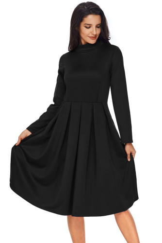 Black Pocket Style High Neck Skater Dress