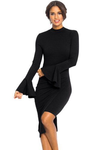 Black Keyhole Back Asymmetric Bodycon Midi Dress