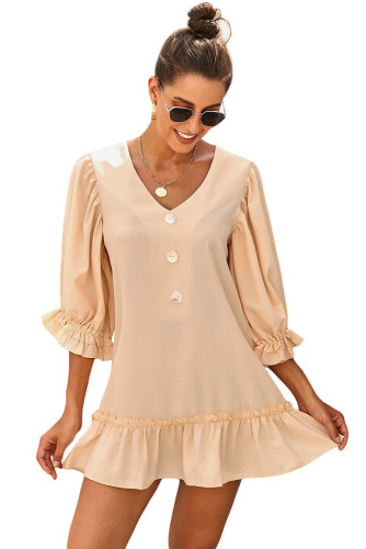Beige Casual Loose V Neck Short Swing Dress