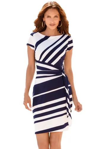 Navy White Stripe Knot Sheath Dress