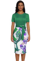 Green Bowknot Short Sleeve Printed Sheath Dress
