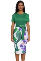 Green Bowknot Short Sleeve Printed Sheath Dress