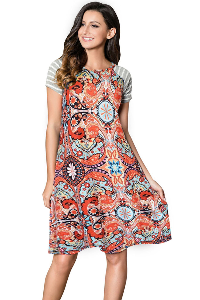 Orange Retro Floral Panel Striped Short Sleeve Day Dress
