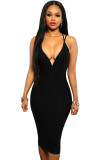 Black Double Straps Cross Back V Neck Calf Length Dress