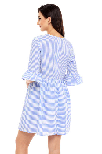 Navy White Stripe Flounce Sleeve Seersucker Dress