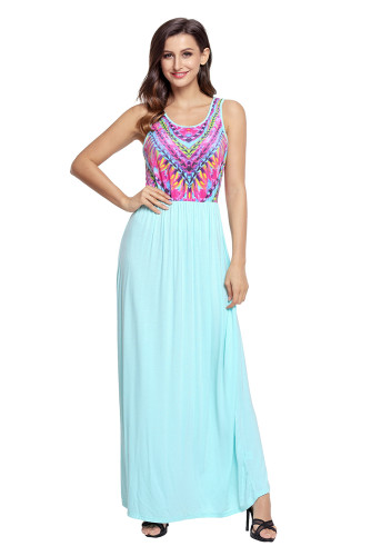Stylish Tribal Print Sleeveless Mint Maxi Dress