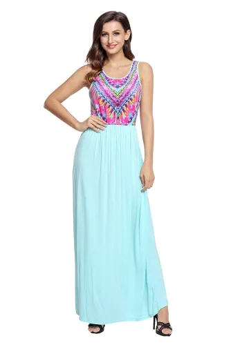 Stylish Tribal Print Sleeveless Mint Maxi Dress