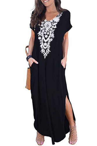 Black Lace Front Pocket Short Sleeve Split Casual Loose Maxi Dress