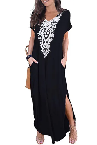 Black Lace Front Pocket Short Sleeve Split Casual Loose Maxi Dress