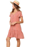 Red Polka Dot V Neck Buttoned Ruffles Short T-Shirt Dress