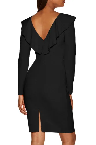 Black V Neck Long Sleeve Ruffle Dress