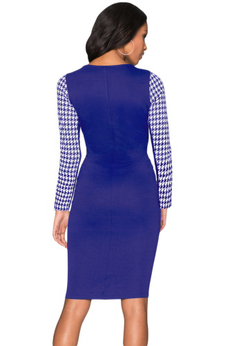 Cobalt Blue Houndstooth Patchwork Pencil Midi Dress