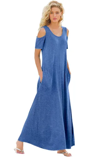 Indigo Cold Shoulder Pocket Style Maxi Dress