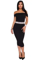 Rhinestone Waistband Black Off The Shoulder Midi Dress