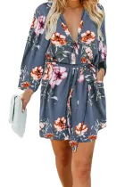 Blue Casual V Neck 3/4 Sleeve Floral Dress