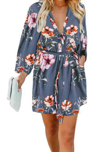 Blue Casual V Neck 3/4 Sleeve Floral Dress