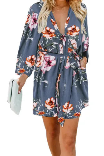Blue Casual V Neck 3/4 Sleeve Floral Dress