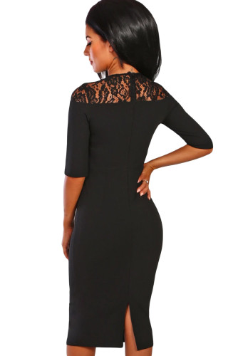Black Lace Insert Notch V Neck Midi Dress
