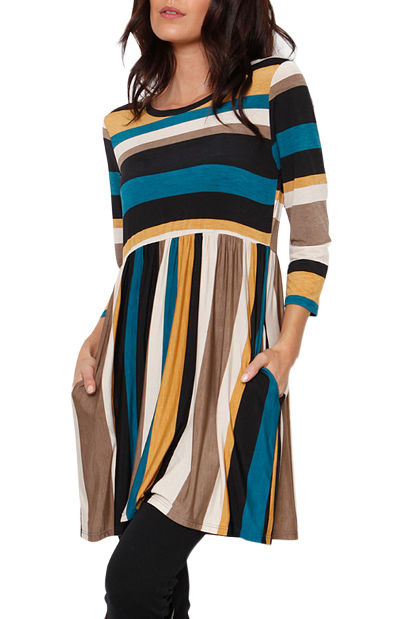 Mustard Multicolor Striped Soft Jersey Tunic Dress