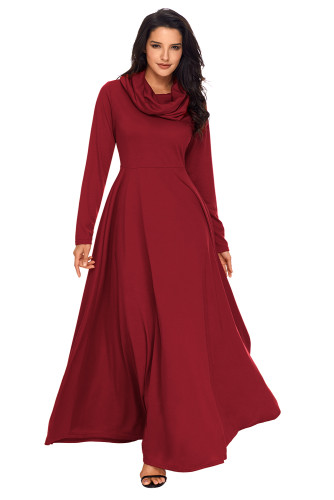 Wine Cow Neck Long Sleeve Maxi Dress