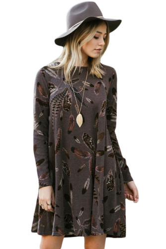 Coffee Feather Graphic Pocket Tunic Dress