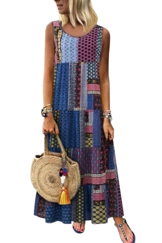 Blue Bohemian Splicing Round Neck Sleeveless Dress