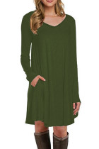 Green Long Sleeve Pocket Casual Loose T-shirt Dress