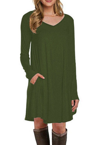 Green Long Sleeve Pocket Casual Loose T-shirt Dress