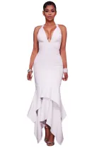 White Cross Back Asymmetric Hemline Maxi Dress
