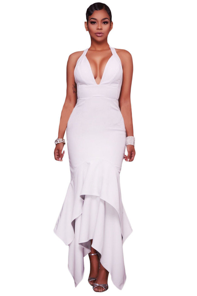 White Cross Back Asymmetric Hemline Maxi Dress