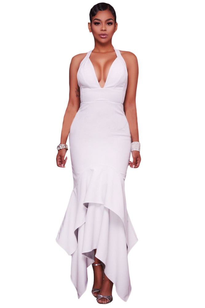 White Cross Back Asymmetric Hemline Maxi Dress