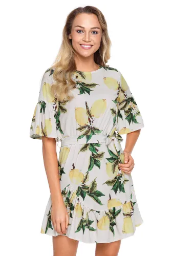 Fruit Print Pattern Ruffle Hem Chiffon Dress