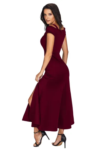 Burgundy Cold Shoulder Front Slit Flare Maxi Dress