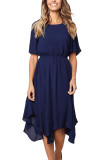 Blue Chiffon Irregular Hem Short Sleeve Pleated Dress