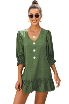 Green Casual Loose V Neck Short Swing Dress
