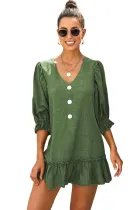 Green Casual Loose V Neck Short Swing Dress