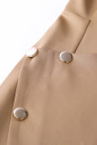 Asymmetric Button Detail Khaki Ruched Midi Dress