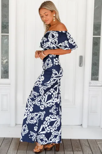 White Tendril Print Navy Off-the-shoulder Maxi Dress