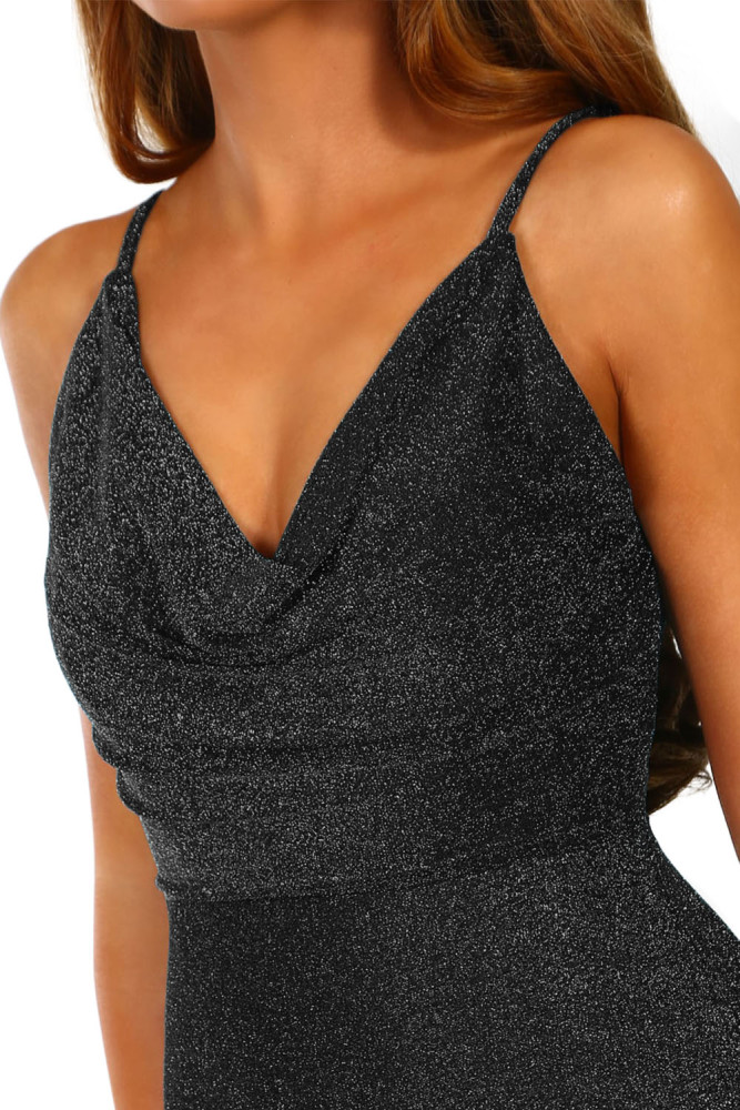 Style Star Black Lurex Cowl Neck Bodycon Midi Dress