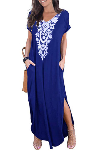 Blue Lace Front Pocket Short Sleeve Split Casual Loose Maxi Dress