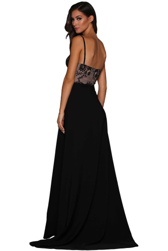 Black Lace Illusion Top High Slit Evening Dress