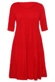 Red 3/4 Sleeve Draped Swing Dress