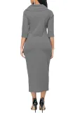 Gray Button Up Front Slit Sheath Midi Dress
