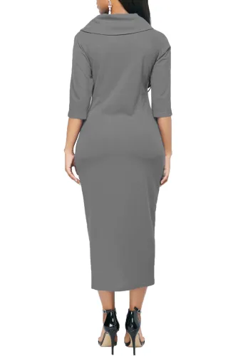 Gray Button Up Front Slit Sheath Midi Dress