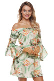 Tropical Leaf and Flower Print Off Shoulder Dress
