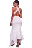 White Cross Back Asymmetric Hemline Maxi Dress