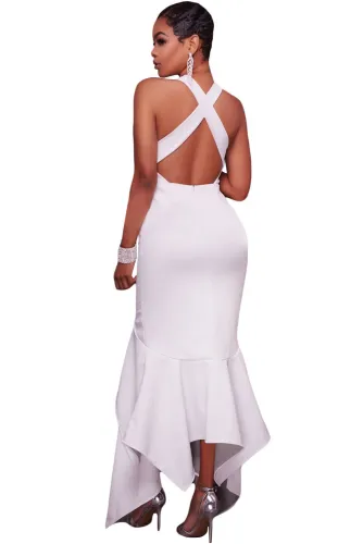 White Cross Back Asymmetric Hemline Maxi Dress