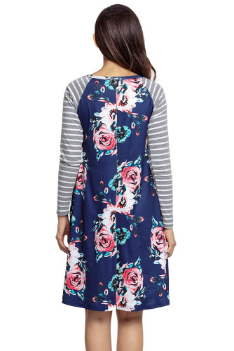 Dark Blue Floral Print Stripe Raglan Sleeve Dress