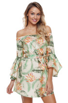 Tropical Leaf and Flower Print Off Shoulder Dress