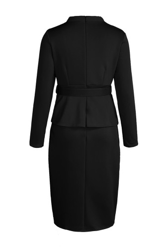 Black Long Sleeve Mid-Calf Falbala Asymmetrical Pullover Dress